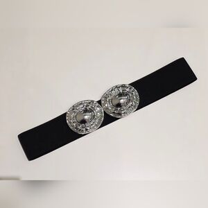 Black Elastic Waist Belt with Silver Decorative Buckles